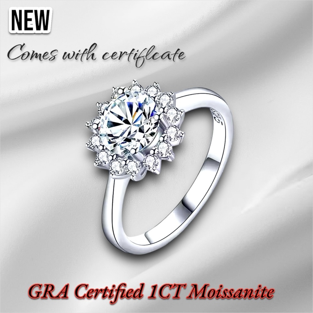 NEW Sterling Silver S925 GRA Certified 1CT Moissanite Adjustable Ring VVS1